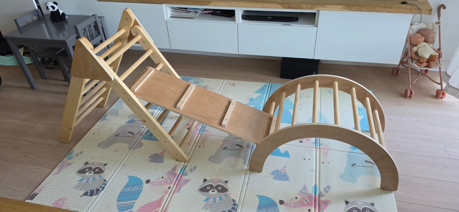 Houten klimrek met glijbaan en wip/schommelboog, Kinderen en Baby's, Speelgoed | Buiten | Speeltoestellen, Ophalen, Gebruikt, Klimwand