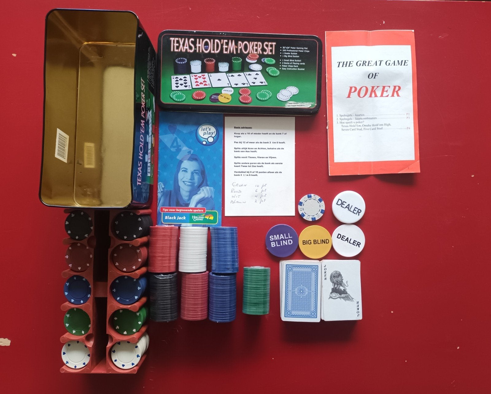 Texas Hold'em Poker Set met Holland Casino mat, Vijf spelers of meer, Ophalen of Verzenden, Zo goed als nieuw, Onbekend