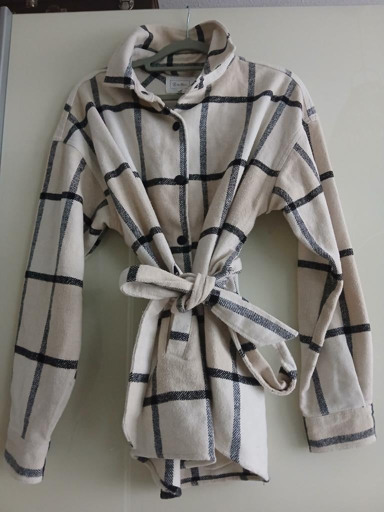 Geruite Bien Bleu blouse met ceintuur, Maat 38/40 (M), Beige, Ophalen of Verzenden, Zo goed als nieuw