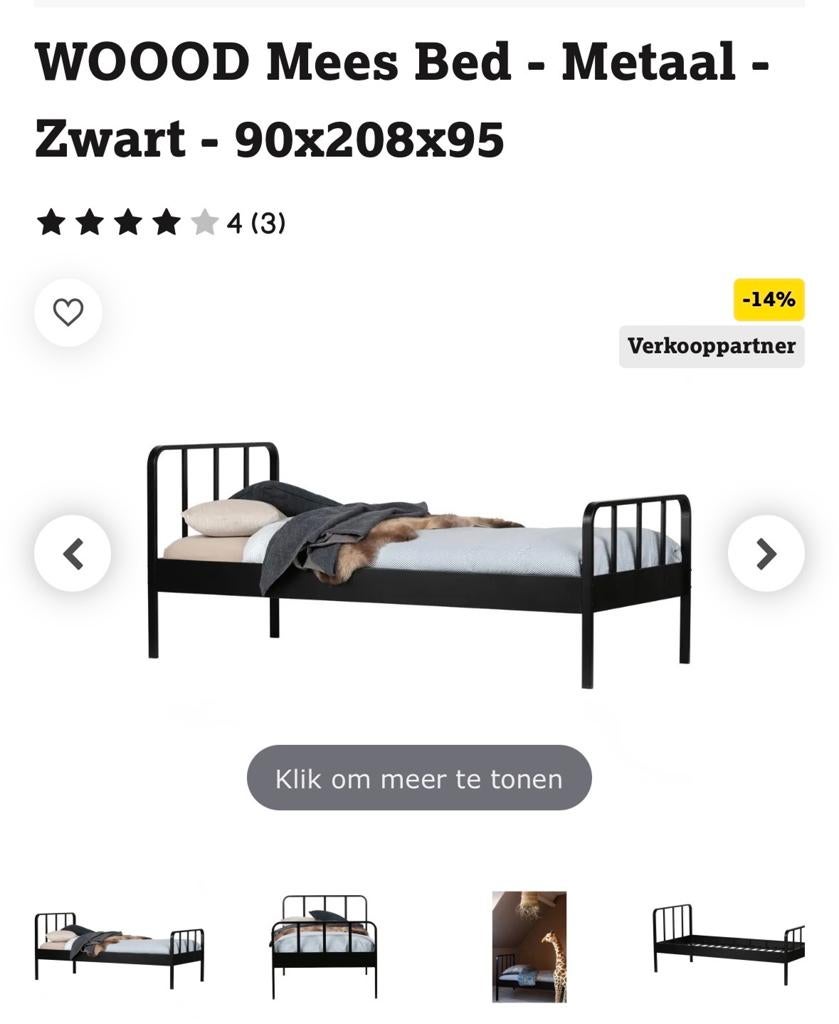 WOOOD Mees Eenpersoons Metalen Bed Zwart 90x200cm, Ophalen, Zo goed als nieuw, 180 cm of meer, 85 tot 100 cm