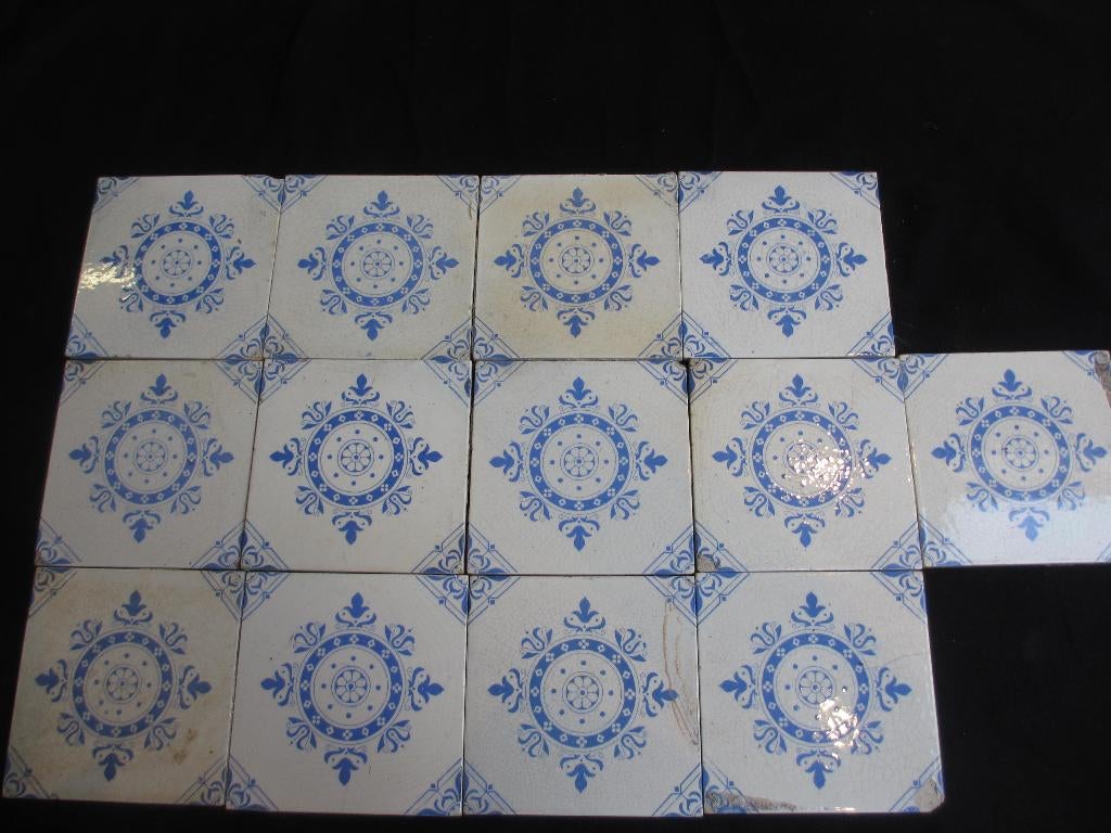 13 blauwe antieke tegels 15x15 art deco rond 1900 gemaakt, Antiek en Kunst, Ophalen of Verzenden