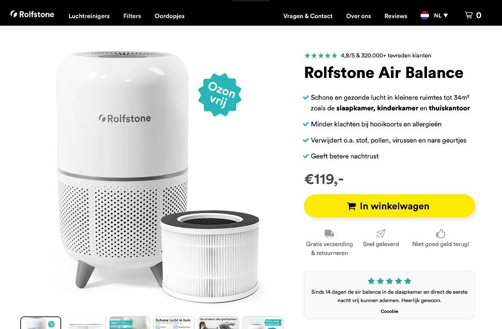Rolfstone air balance Luchtreiniger, Witgoed en Apparatuur, Luchtbehandelingsapparatuur, Ophalen of Verzenden, Zo goed als nieuw