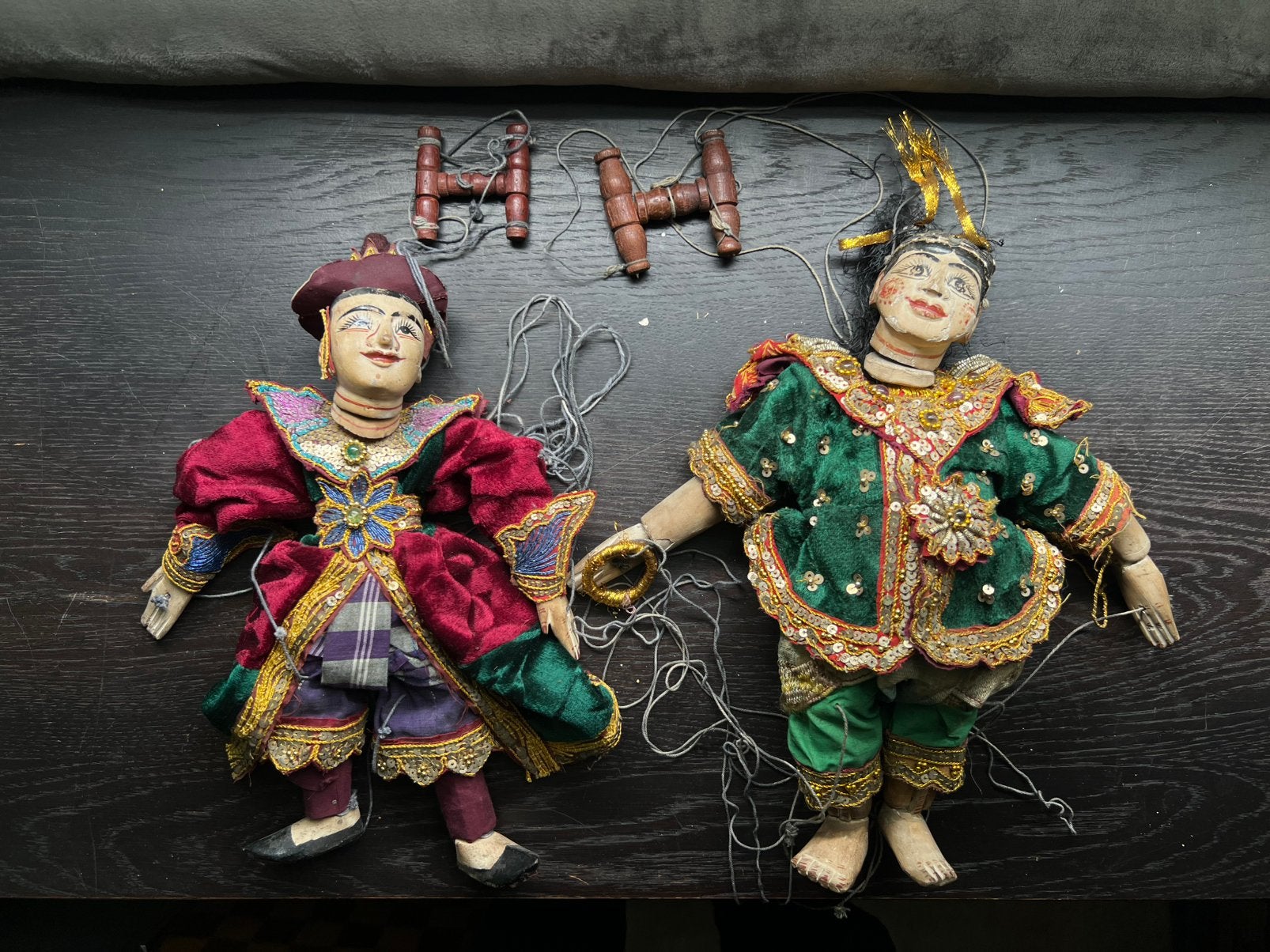 2 vintage Birmese yoke thé marionetten (Myanmar), Ophalen of Verzenden, 20 - 50 cm, Beeld, Hout