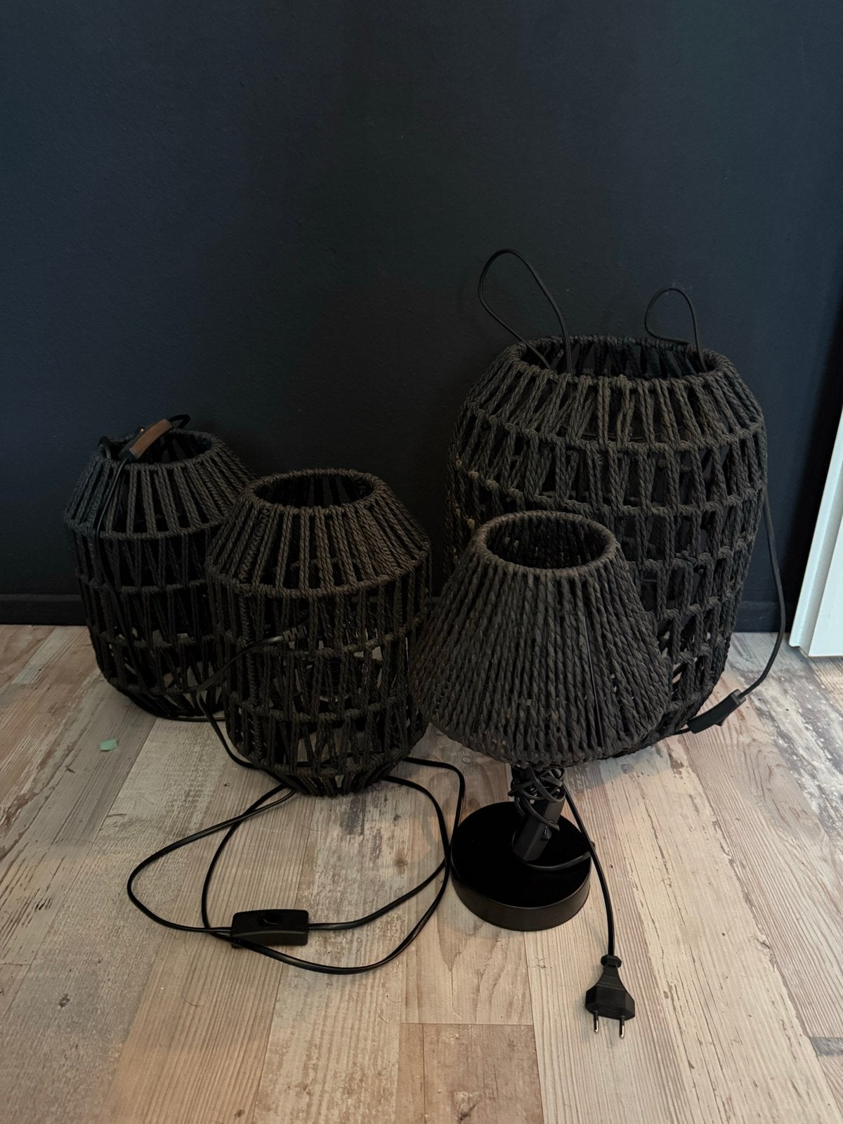 Set van 4 zwarte schemerlampen met touw, E27 fitting, Ophalen, Gebruikt, Textiel, E27 (groot)