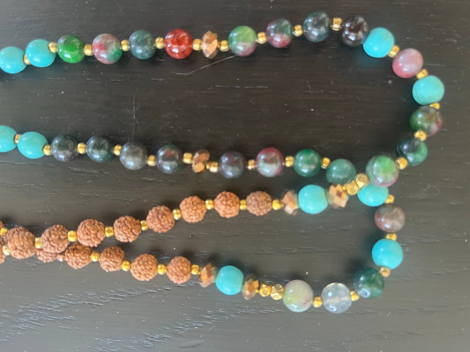 Meditatieketting met Rudraksha, Agaat en Turkoois (Nepal), Gebruikt, Overige kleuren, Ophalen of Verzenden, Steen of Mineraal