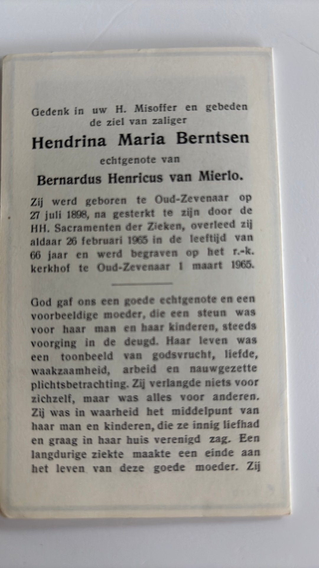 Hendrina Maria Berntsen. 1898 - 1965 oud Zevenaar.x Mierlo, Ophalen of Verzenden