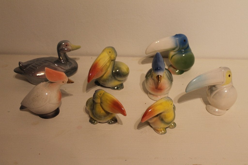 Set kleurrijke keramieken vogel beeldjes – toekan eend, Verzamelen, Ophalen of Verzenden, Gebruikt, Dier