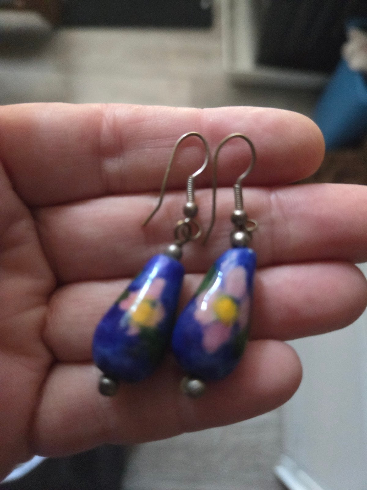 Oude porseleinen oorbellen met bloemmotief, Overige materialen, Blauw, Ophalen of Verzenden, Hangers