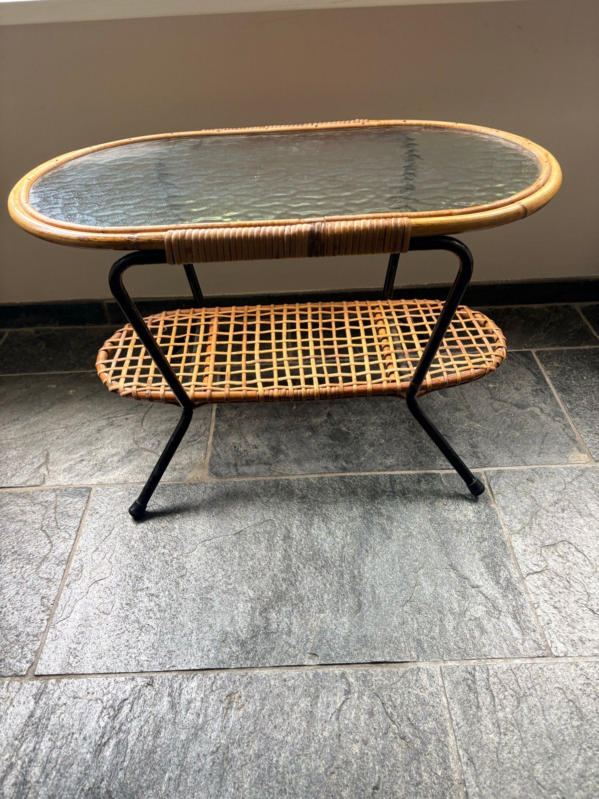 Retro Bambo Salontafeltje met Glasplaat, Ophalen, Gebruikt, 50 tot 100 cm, Ovaal