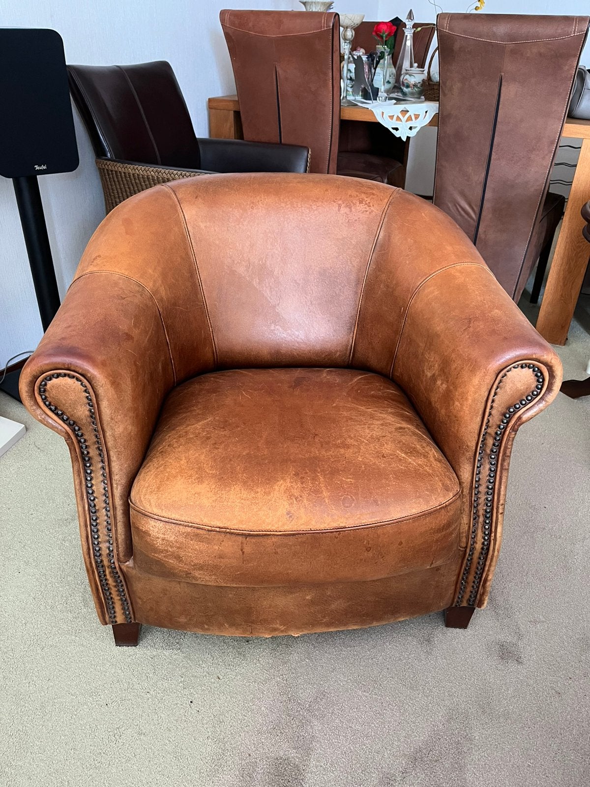 Vintage schapenleren clubfauteuil, Huis en Inrichting, Fauteuils, Ophalen, Gebruikt, 75 tot 100 cm, Tijdloos klassiek
