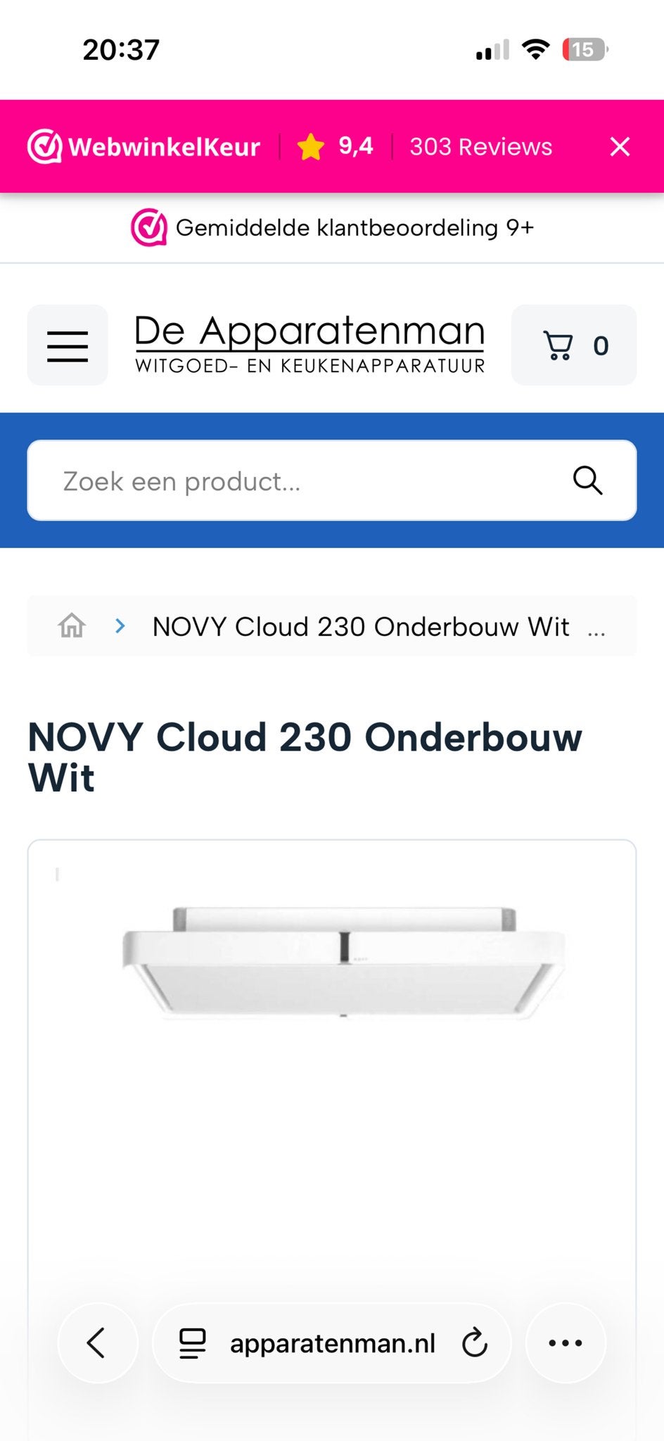NOVY Cloud 230 Onderbouw Afzuigkap Wit, Ophalen, Onderbouw afzuigkap, Nieuw, Recirculatie