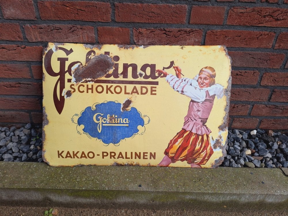 Antiek emaille gebold bord van Goldina-chocolade uit 1915., Ophalen of Verzenden