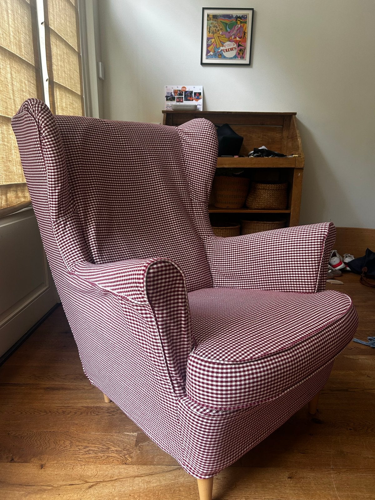 Comfortabele fauteuil met ruitjespatroon, Ophalen, Zo goed als nieuw, Stof, 75 tot 100 cm