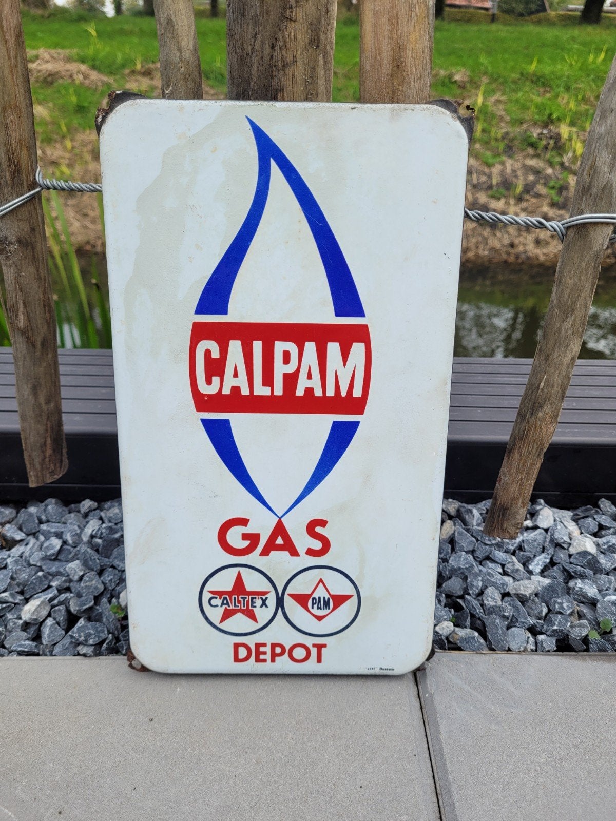 Emaille bord calpam caltex pam, Verzamelen, Ophalen of Verzenden, Gebruikt, Reclamebord