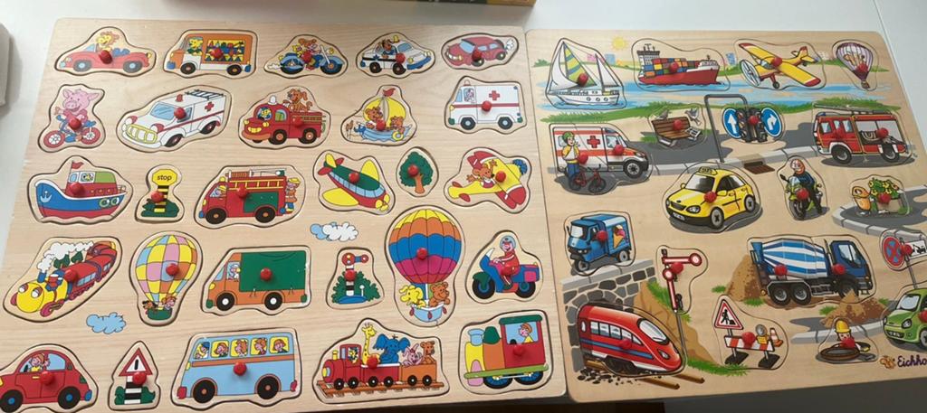 2 Houten puzzels voertuigen, Ophalen, 10 tot 50 stukjes, Zo goed als nieuw, Van hout