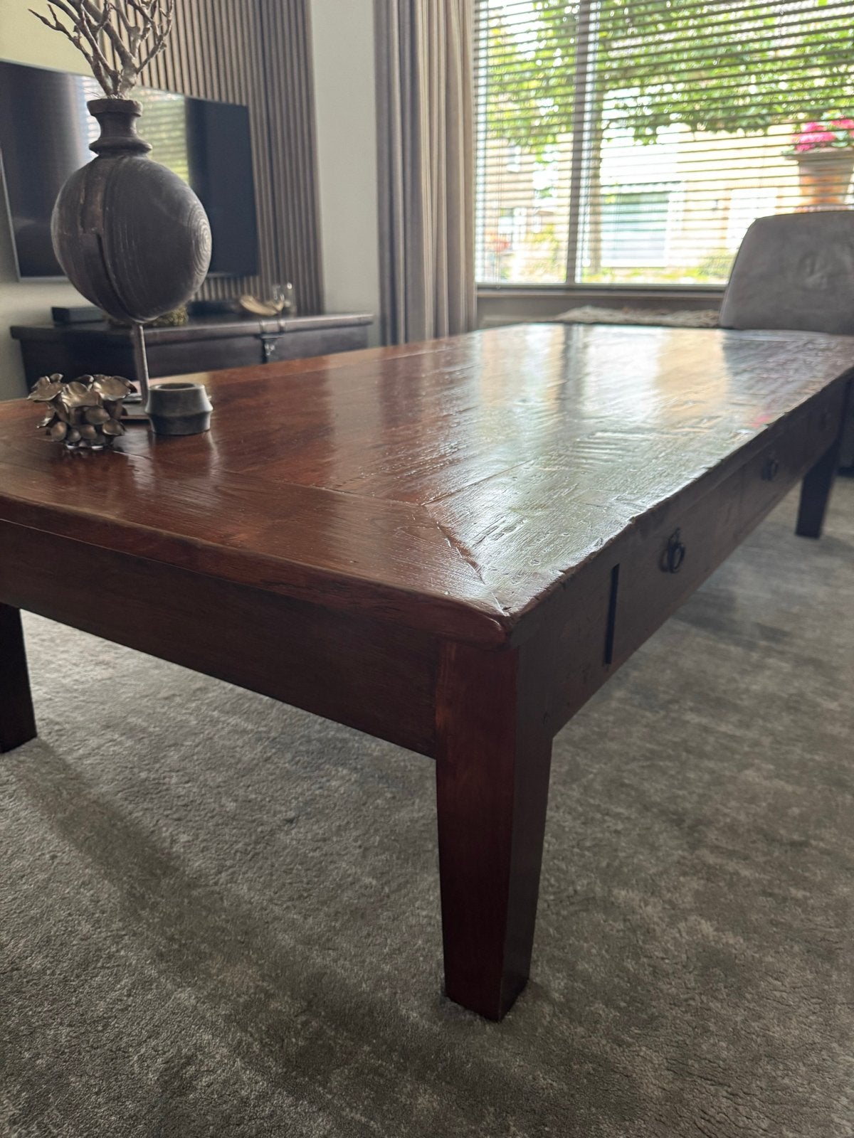 Royake antieke Teak Salontafel met 3 royale lades, Antiek en Kunst, Ophalen