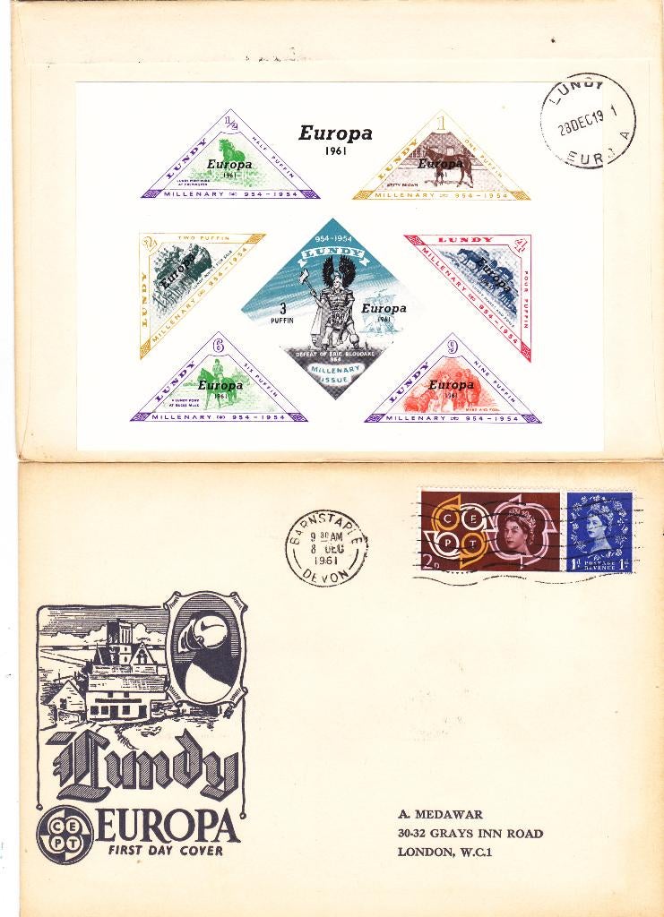 Engeland Lokaal Lundy Verenigd Europa 1961 (S1084/85), Postzegels en Munten, Verzenden, Overige thema's