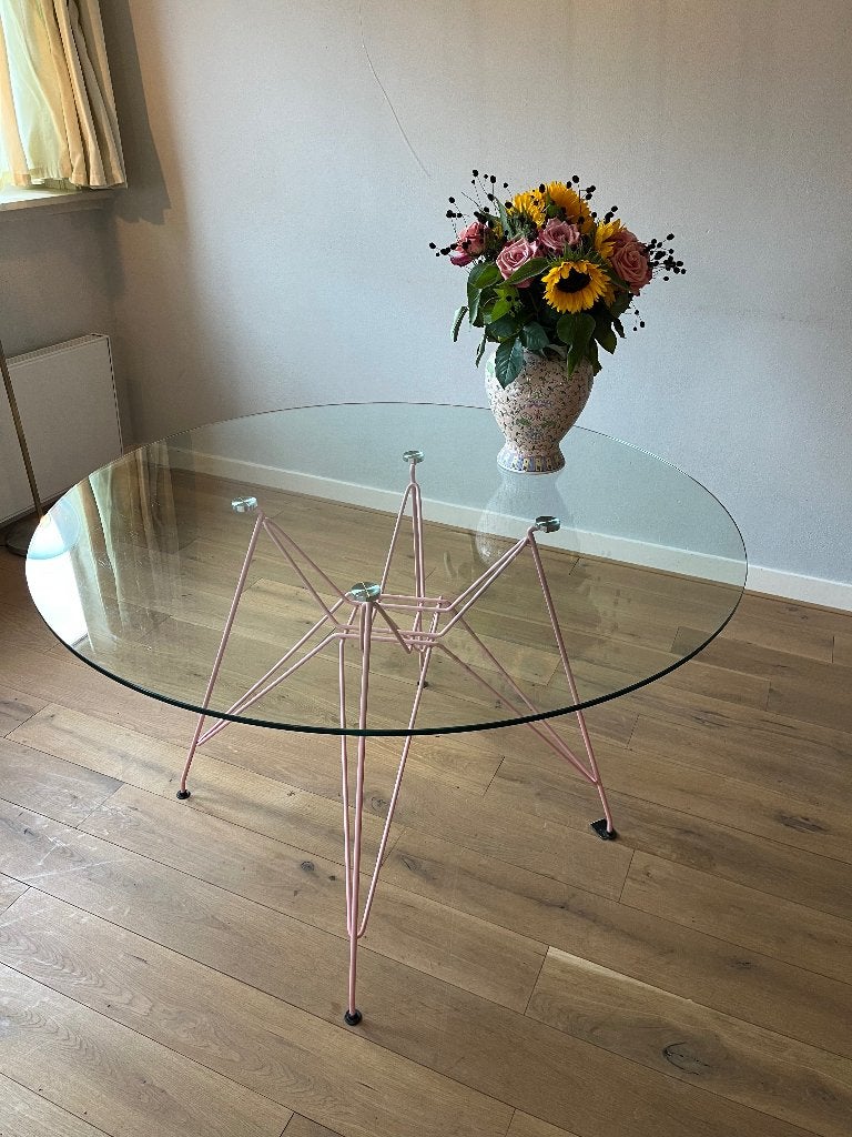 Ronde glazen tafel met roze tafelpoten, Ophalen, Gebruikt, Rond, Glas