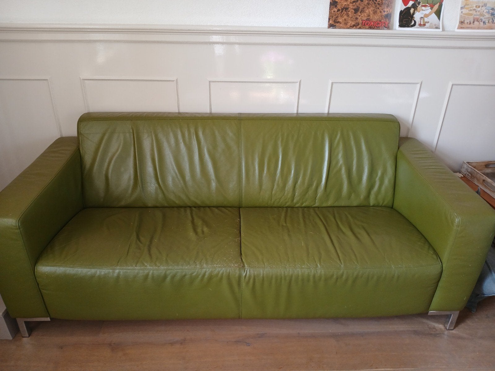 Montel groene leren bank 2,5 zits gratis, Ophalen, Gebruikt, Tweepersoons, 75 tot 100 cm
