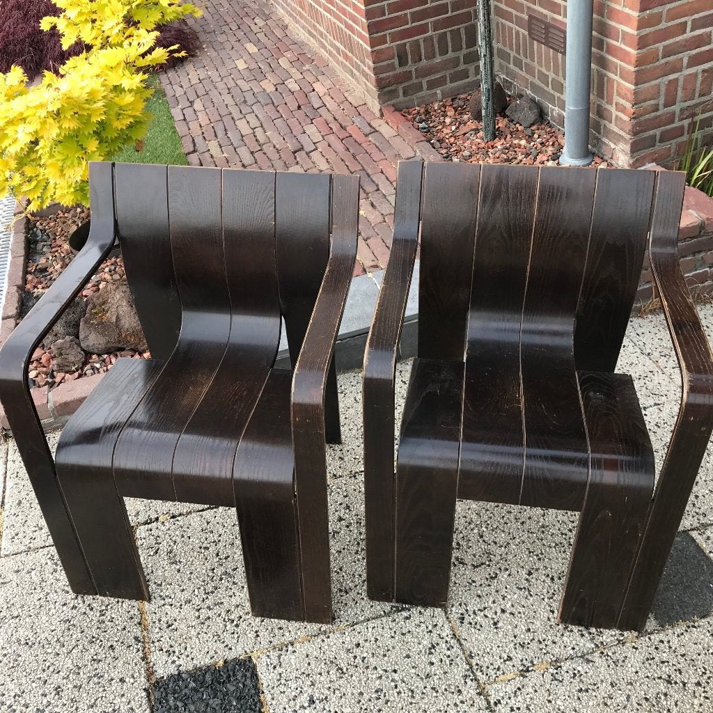 6 Vintage Gijs Bakker Castelijn Strip chairs stoel stoelen, Huis en Inrichting, Stoelen, Ophalen, Gebruikt, Bruin, Nvt
