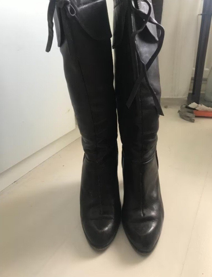 Vintage Leren Bruine Laarzen met Houten Hak, Hoge laarzen, Bruin, Ophalen of Verzenden, Gedragen