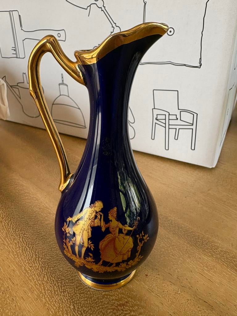 Limoges France Kobaltblau Gouden Vaasje/Kruikje 13 cm, Antiek en Kunst, Antiek | Vazen, Ophalen of Verzenden