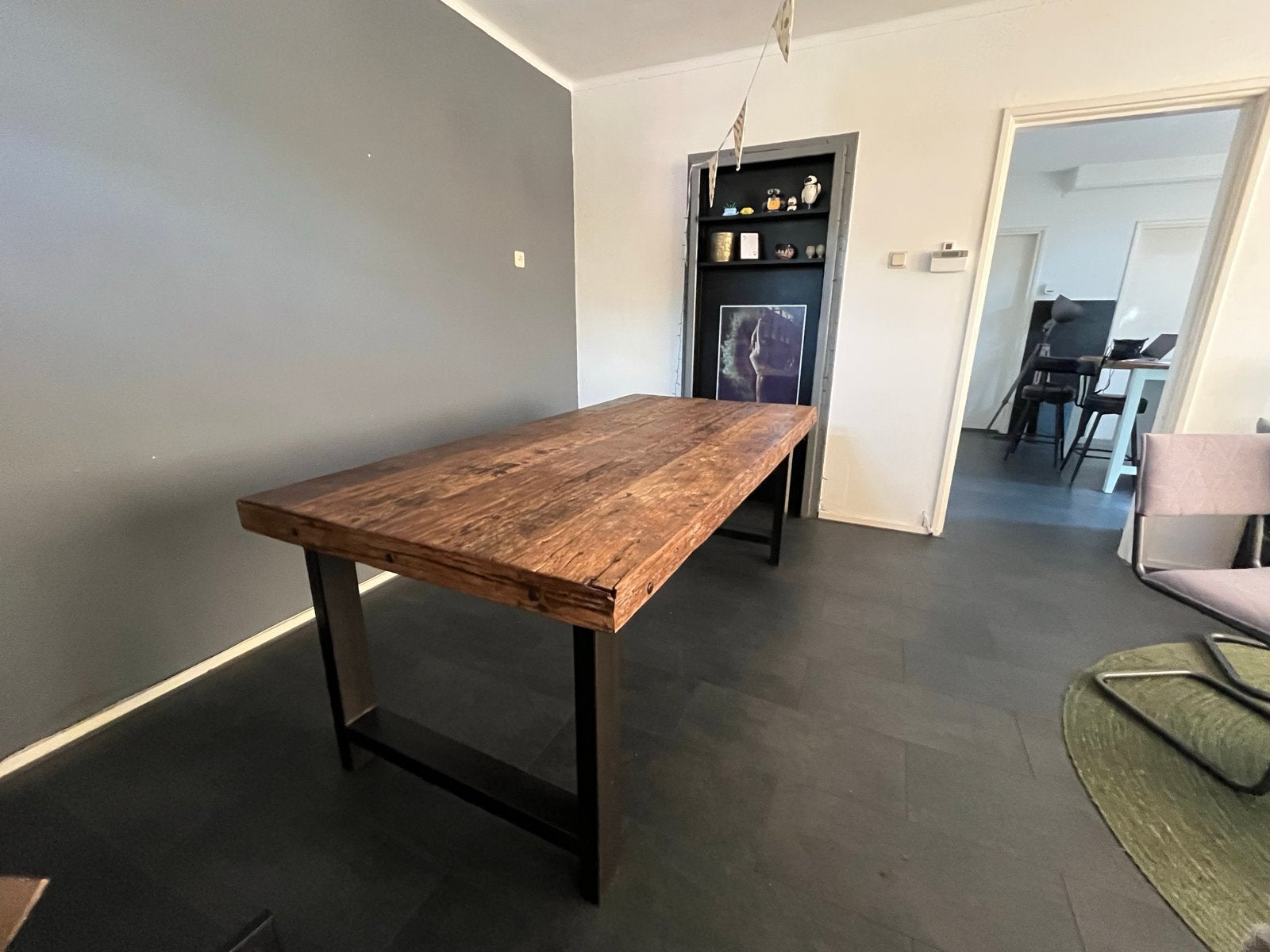 Robuuste eettafel 200x95x77cm met metalen poten, Ophalen, 200 cm of meer, 50 tot 100 cm, Zo goed als nieuw