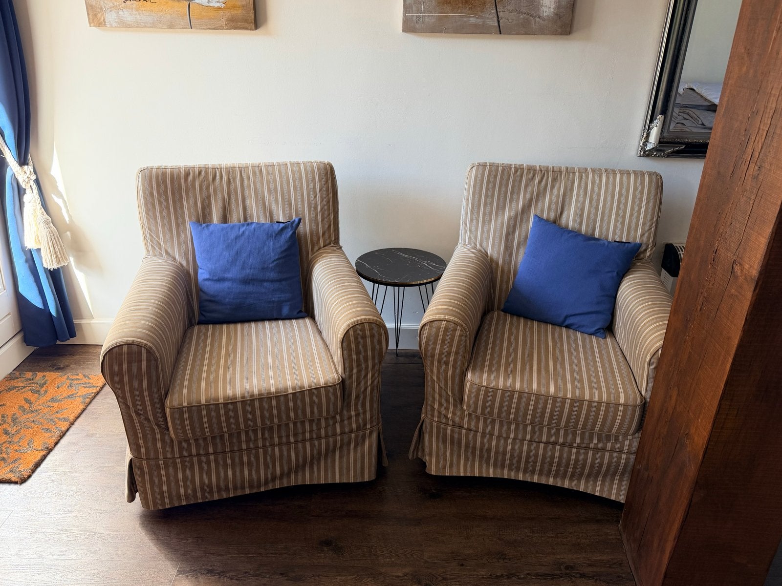 Twee comfortabele gestreepte fauteuils gratis af te halen, Ophalen, Gebruikt, Stof, 75 tot 100 cm