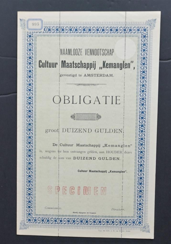 Cultuur Maatschappij Kemanglen (Suiker/Ned.Indie) ca 1900, Verzenden, Voor 1920, Obligatie of Lening