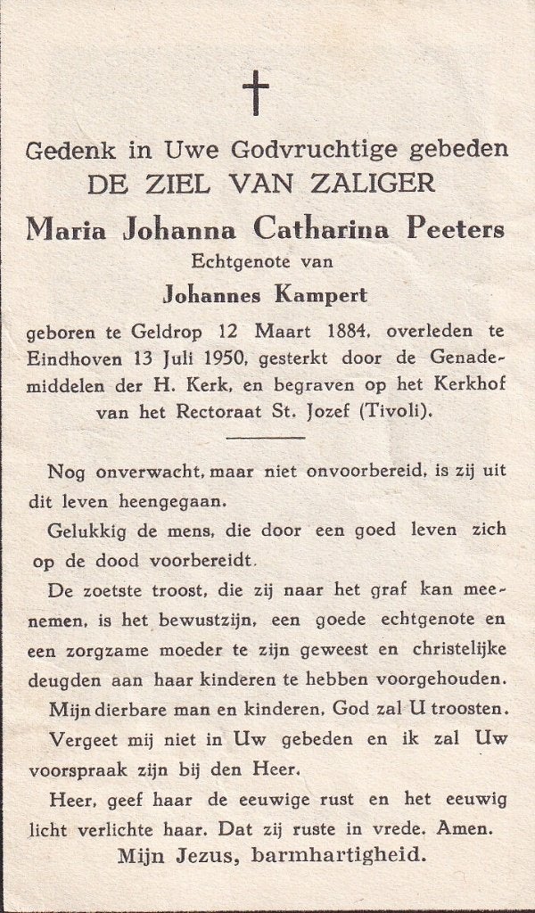 Peeters Maria 1884 Geldrop 1950 Eindhoven, Ophalen of Verzenden, Bidprentje
