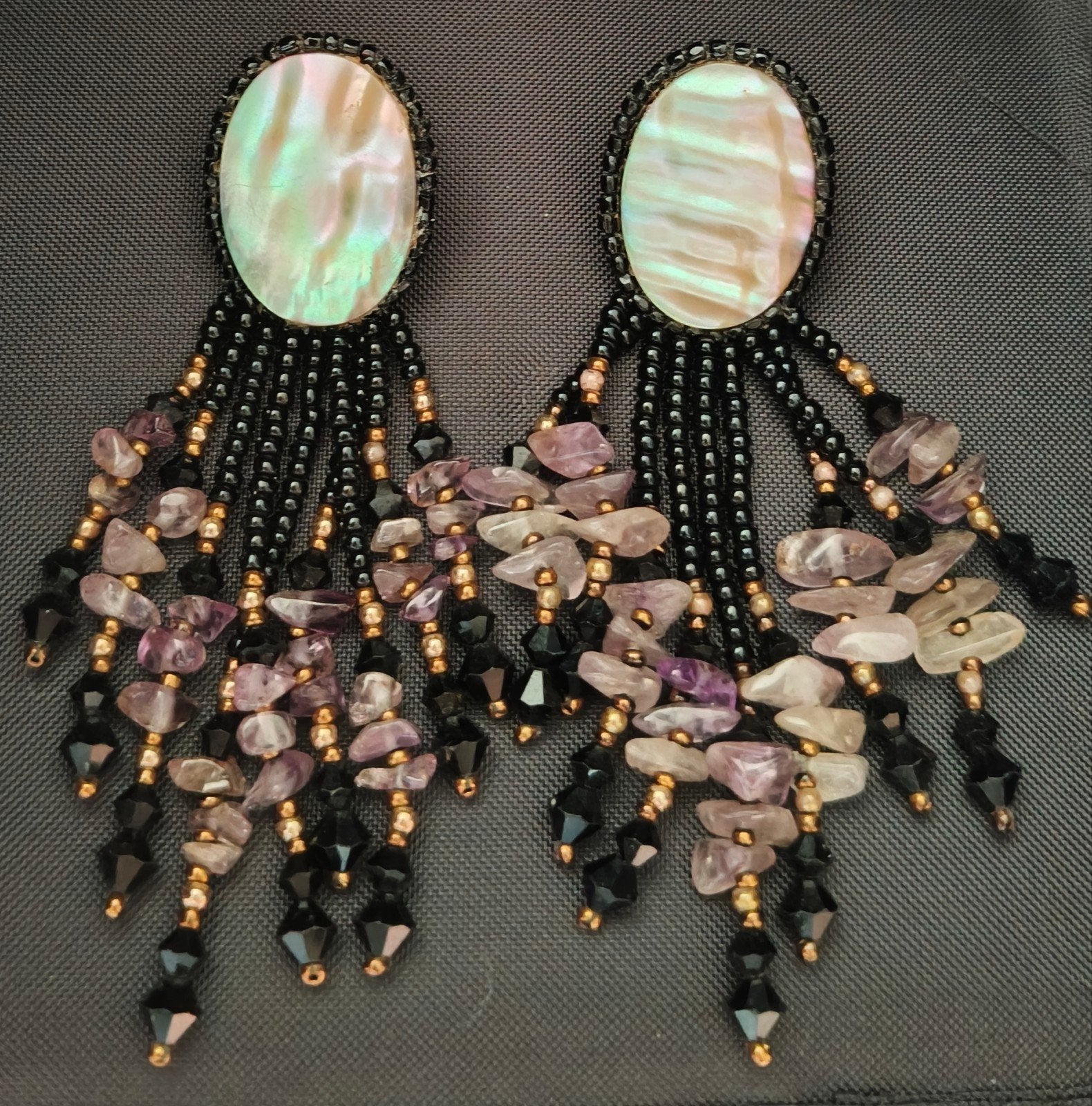 Vintage jaren 80 Oorbellen met parelmoer en amethist, Sieraden, Tassen en Uiterlijk, Oorbellen, Overige materialen, Zwart, Ophalen of Verzenden