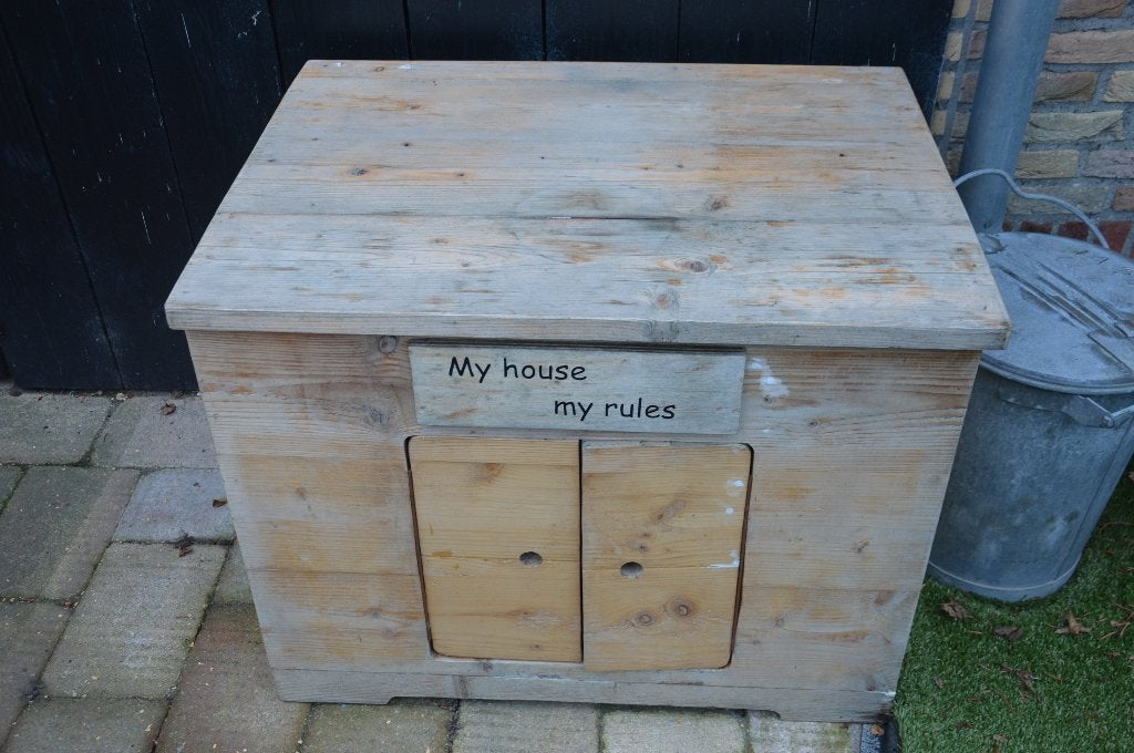 Groot houten hondenhok met 2 deurtjes en een klep bovenaan, Ophalen, 110 cm of meer, 65 tot 100 cm, Hondenhok