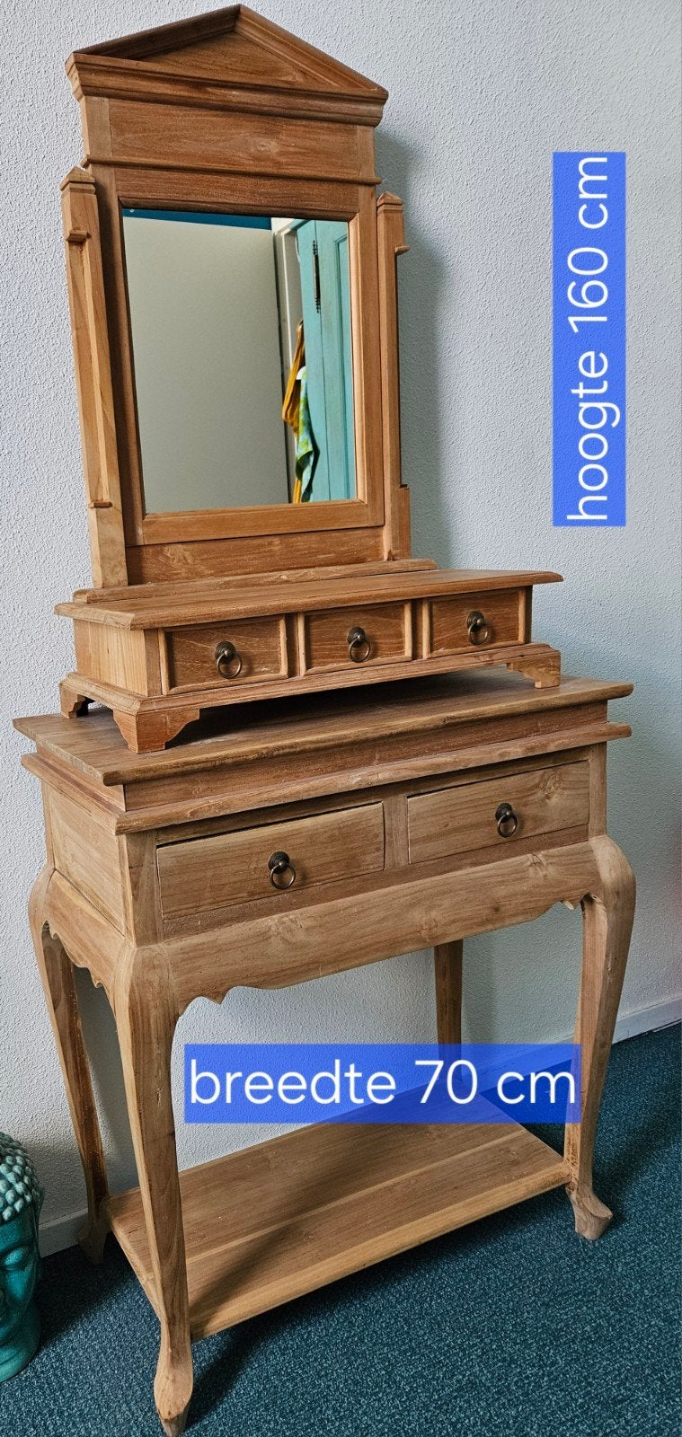 Teakhouten sidetable kaptafel met spiegel en lades, Ophalen, Gebruikt, 150 tot 200 cm, Rechthoekig