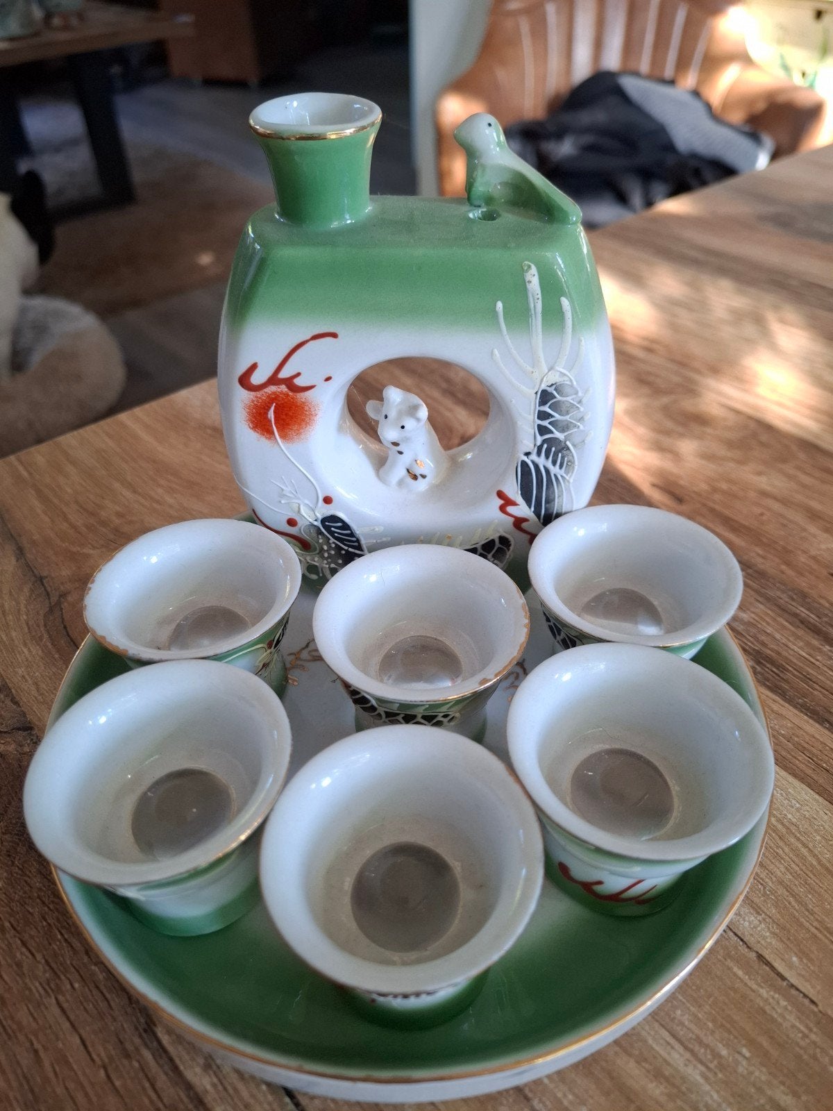 Vintage Japans Sake Set - Karaf, 6 Kopjes en Dienblad, Ophalen of Verzenden