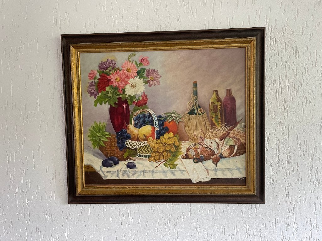 J Heyns olieverf op doek 75x62cm 1950s Dode natuur stilleven, Verzenden, Gesigneerd, Olieverf, Stilleven