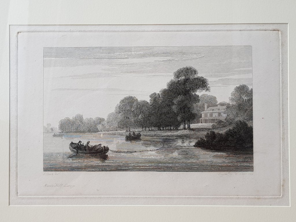 Mooie antieke ingelijste Engelse ets van Marble Hill Cottage, 1800 - 1899, Ets, Ophalen of Verzenden, Met tekst