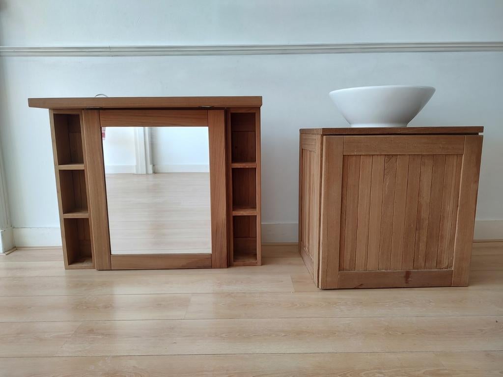 Wasmeubel en spiegelkast massief hout, Huis en Inrichting, Badkamer | Badkamermeubels, Ophalen, Gebruikt, Spiegelkast