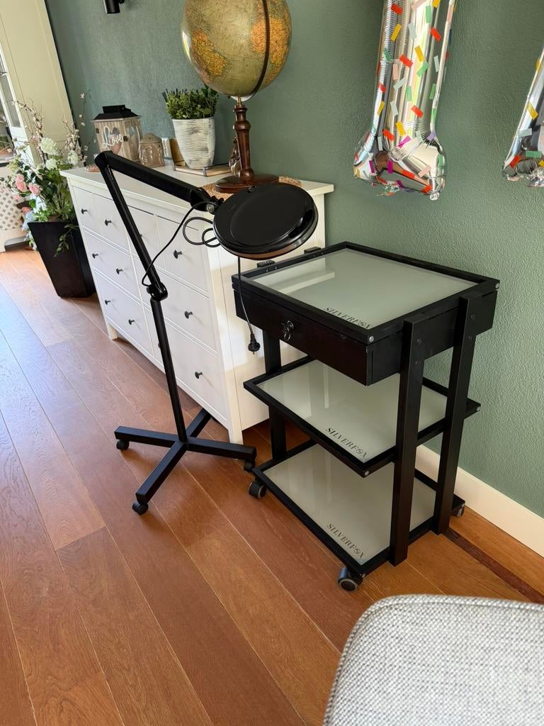 Zwarte instrumenten tafel/  werktafel Silverfox en loeplamp, Ophalen, Gebruikt, 25 tot 50 cm, Rechthoekig