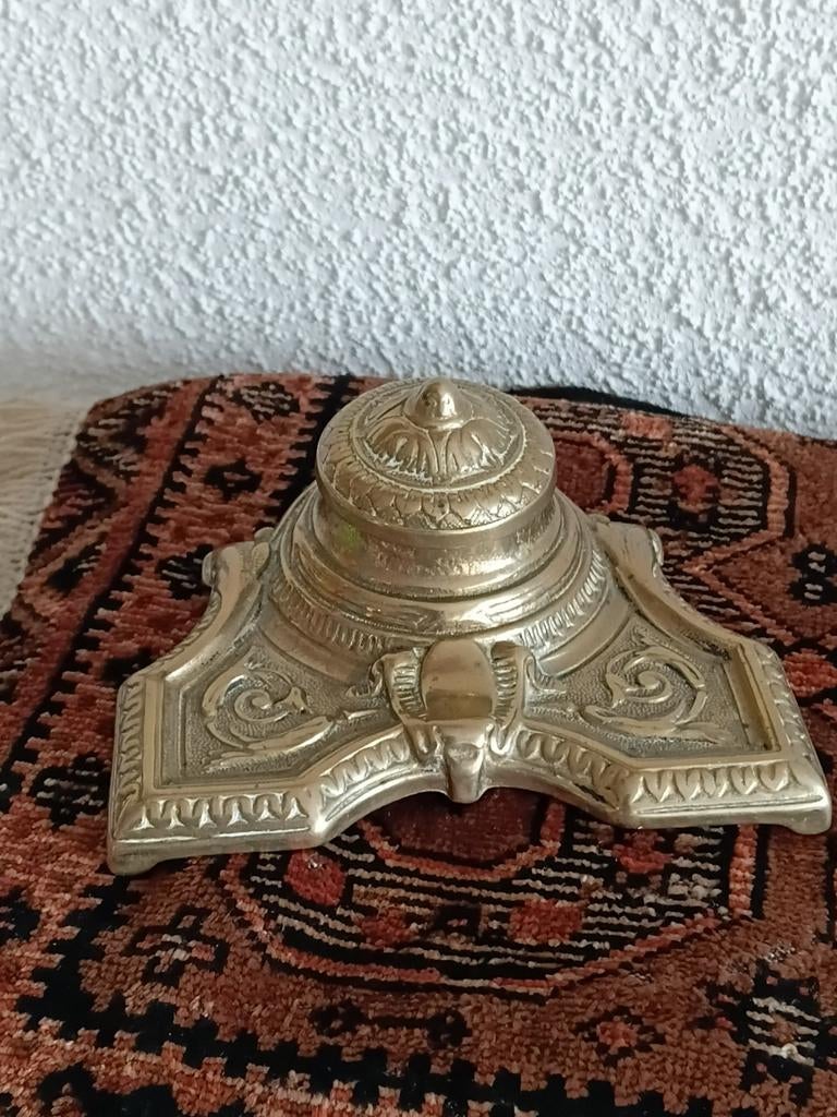 Antieke Messing Inktset met Porseleinen Inkpotje, Ophalen of Verzenden