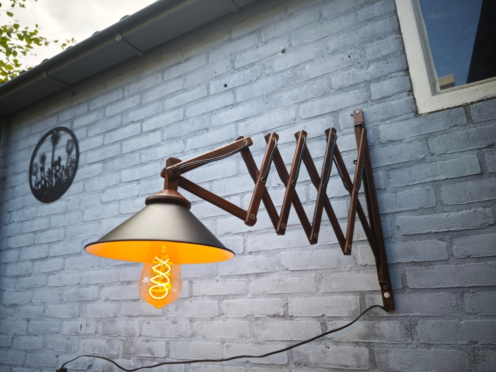 Vintage XL Houten Schaarlamp Met Zwarte Kap, Huis en Inrichting, Gebruikt, Zwart, Overige merken, Verstelbaar