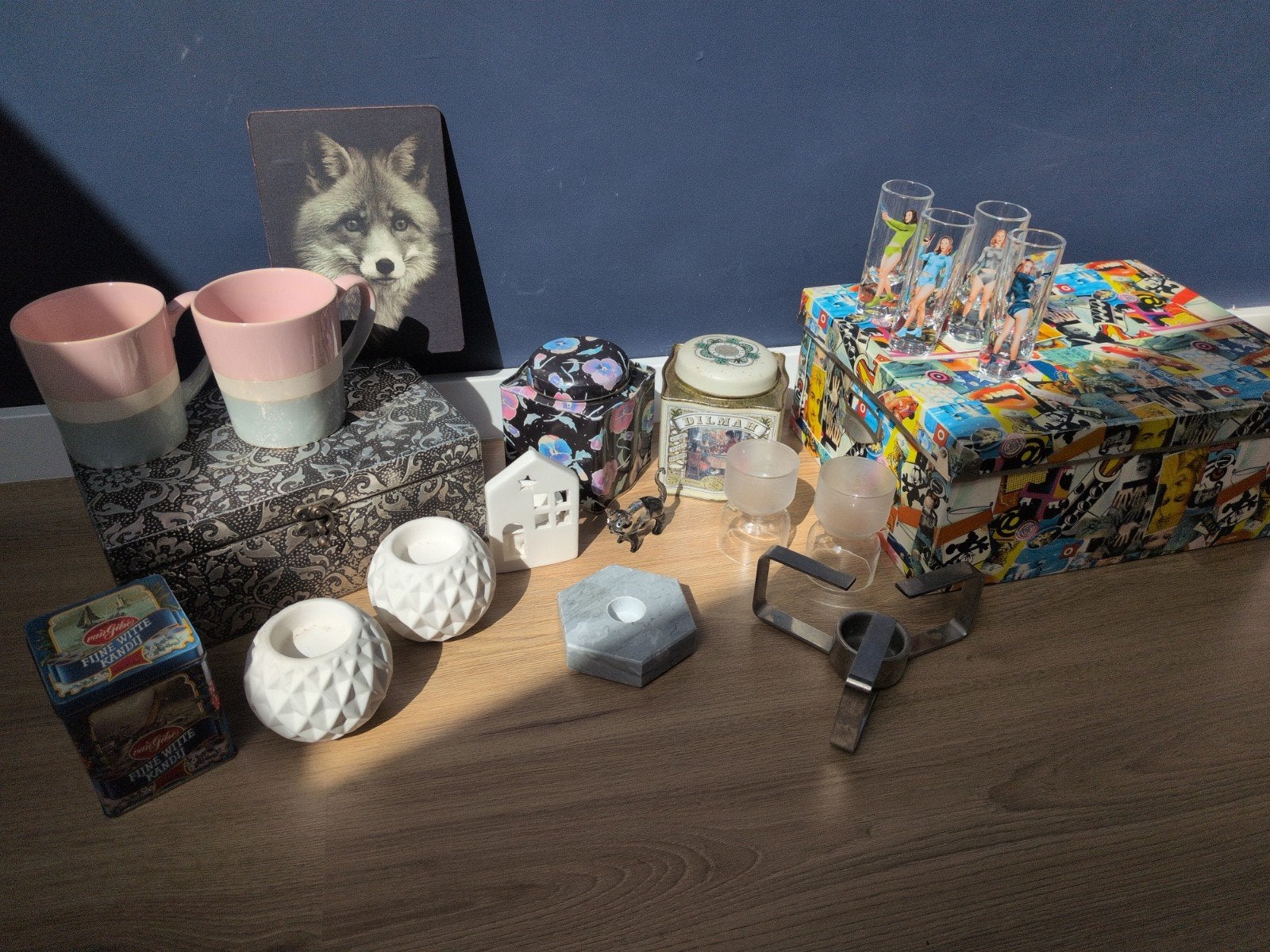Pakket woonaccessoires kandelaars, dozen, blik, bekers, Overige materialen, Ophalen of Verzenden, Zo goed als nieuw, Kandelaar