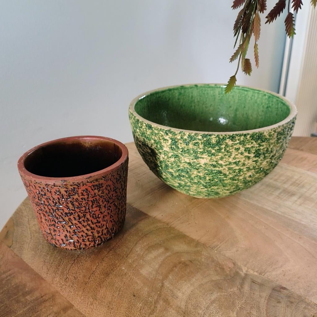 Groene berkenbast bloembak en Terracotta pot, Gebruikt, Rond, Ophalen of Verzenden, Balkon