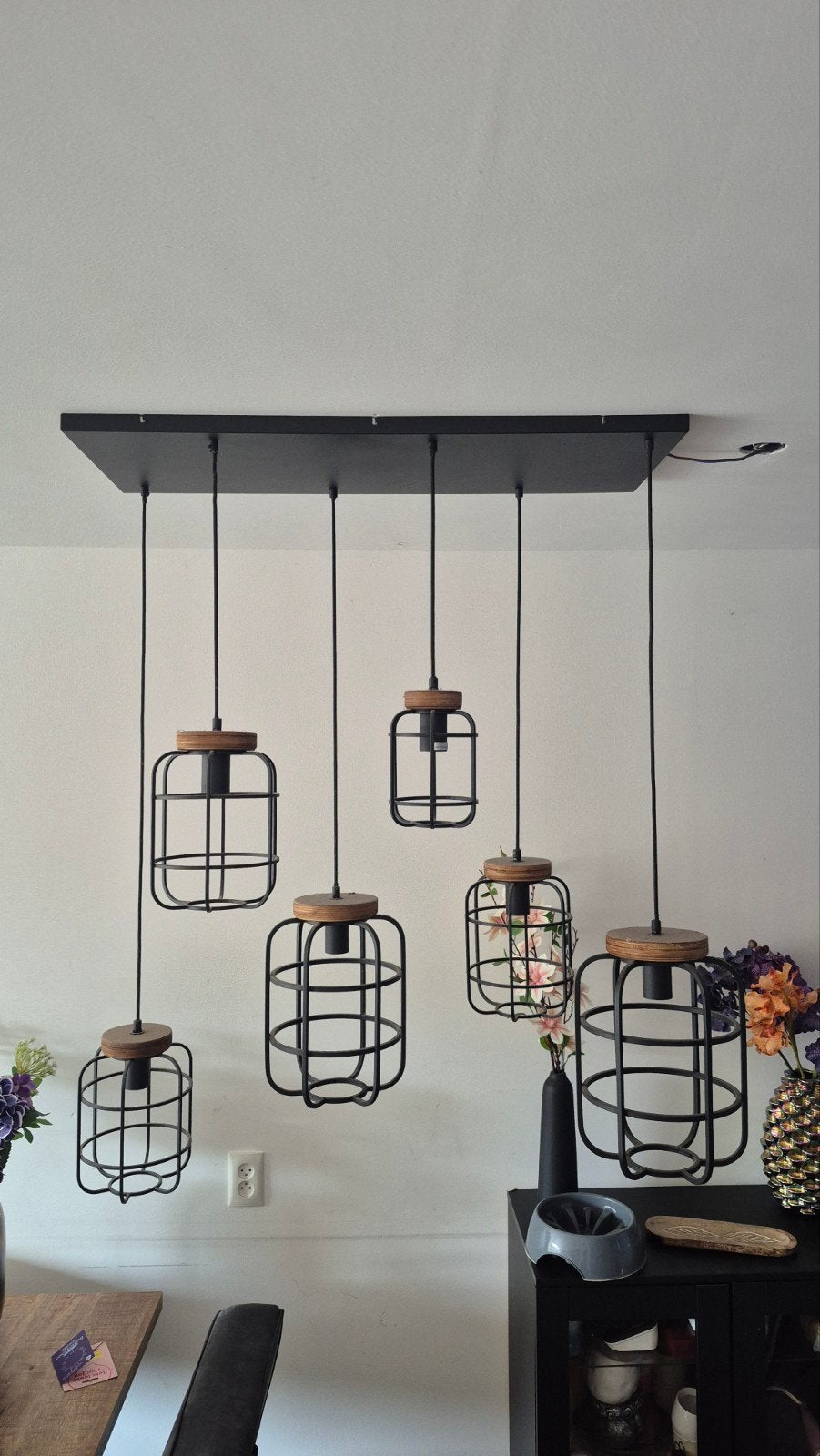 Brilliant Gwen hanglamp zwart/hout 6xE27, Ophalen, Industrieel design, E27 (groot), Zo goed als nieuw