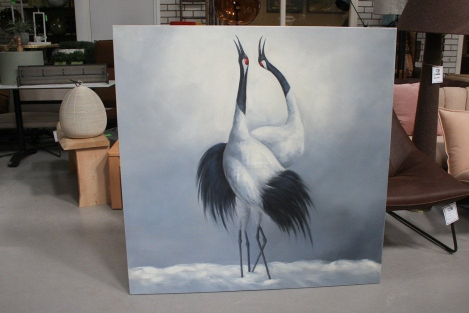 3 x vierkant schilderij Japanse Kraanvogel canvas 120x120, Ophalen, Zo goed als nieuw, 125 cm of meer, Schilderij