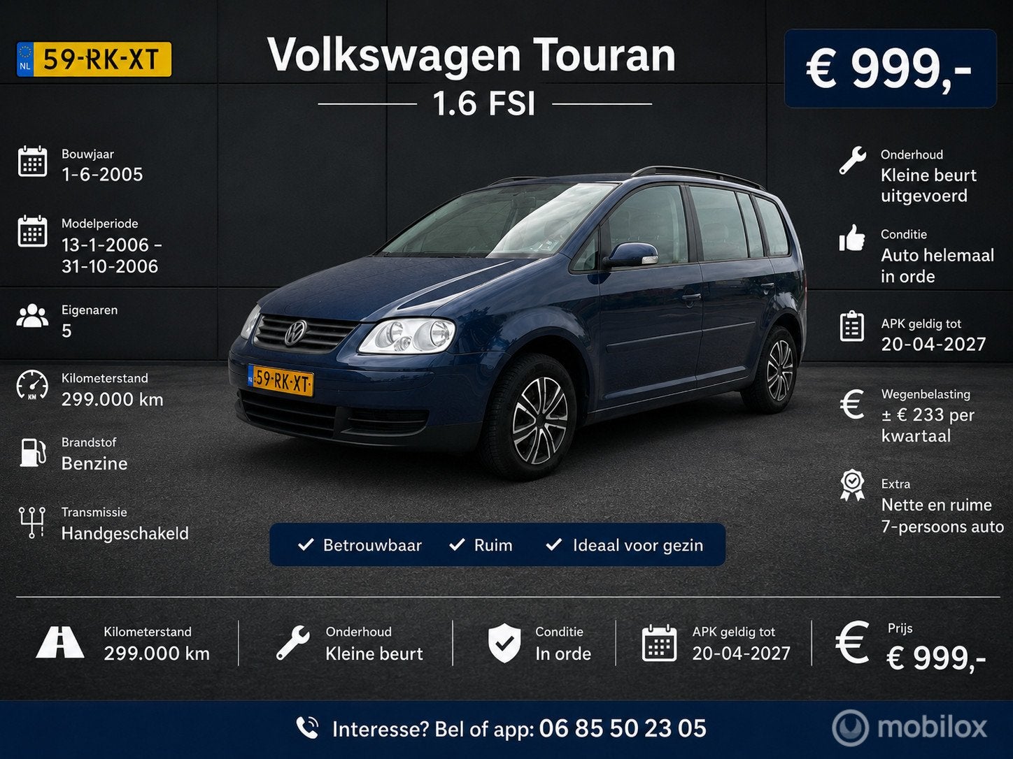 Volkswagen Touran 1.6, Auto's, 4 cilinders, Blauw, Electronic Stability Program (ESP), Handgeschakeld