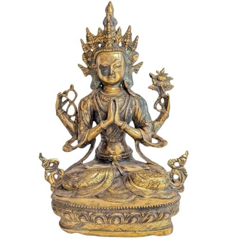 Vierarmige Avalokiteshvara – verguld brons – Himalaya - 070, Gebruikt, 32 cm, Ophalen of Verzenden, Goud