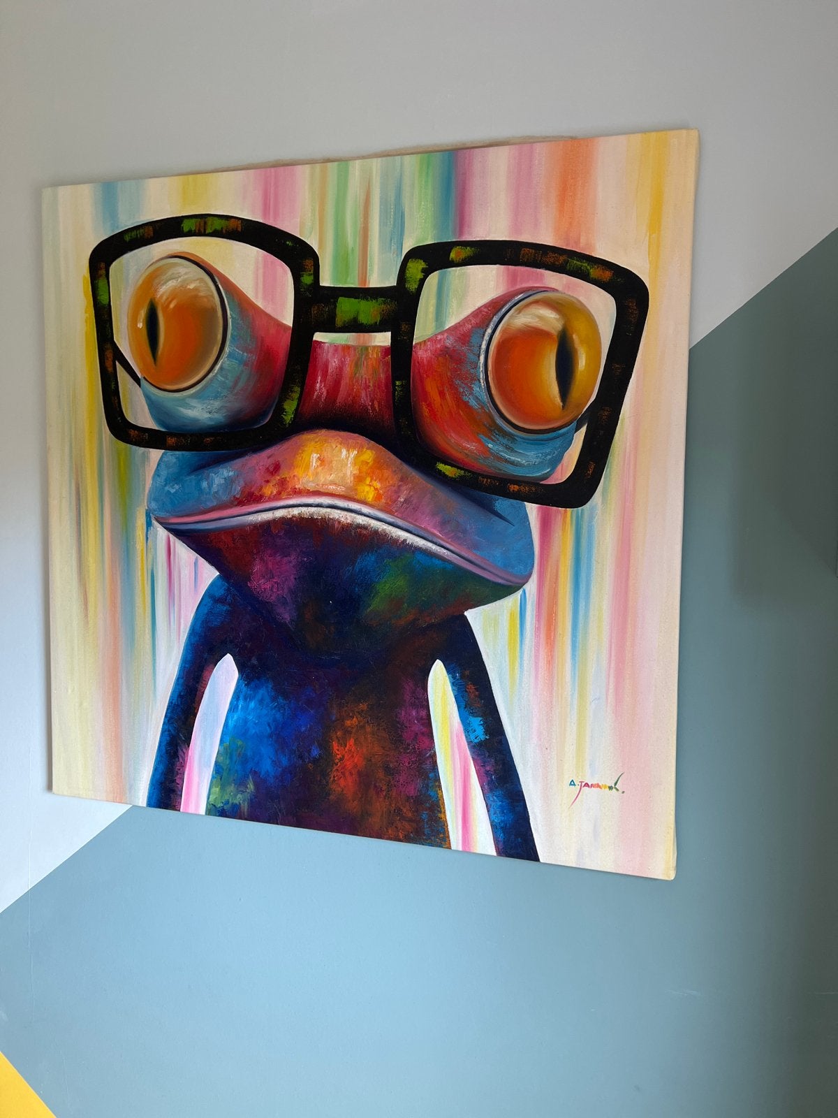 Groot kleurrijk olieverfschilderij van kikker uit Thailand, Ophalen, Handgeschilderd, Dieren, Olieverf