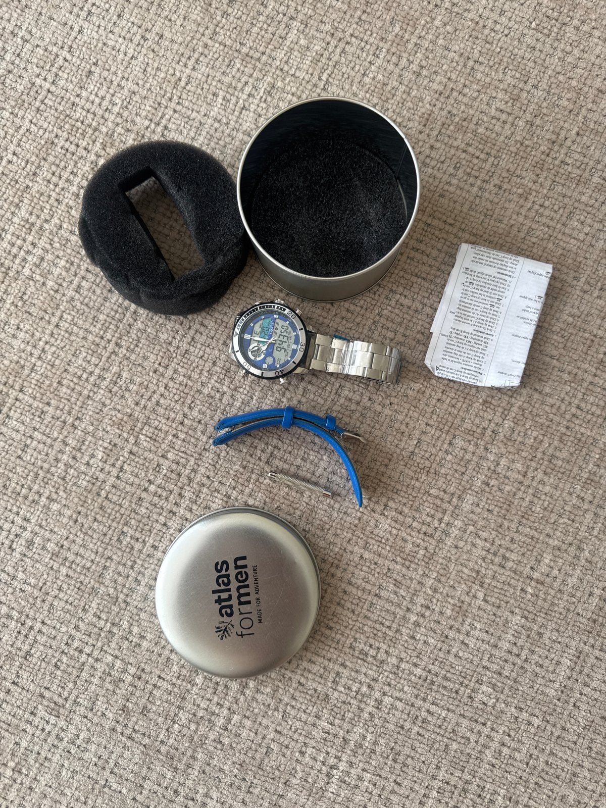 Atlas For Men Herenhorloge met extra blauw bandje, Overige merken, Staal, Polshorloge, Ophalen of Verzenden