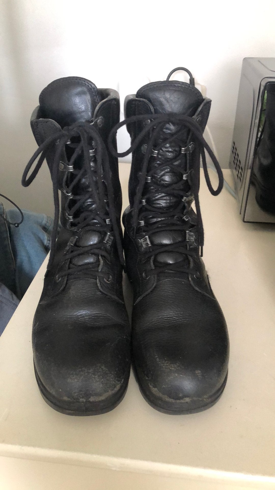 2 paar boots / legerkisten stalen neus 46 leer, Ophalen, Zwart, Werkschoenen, Gedragen