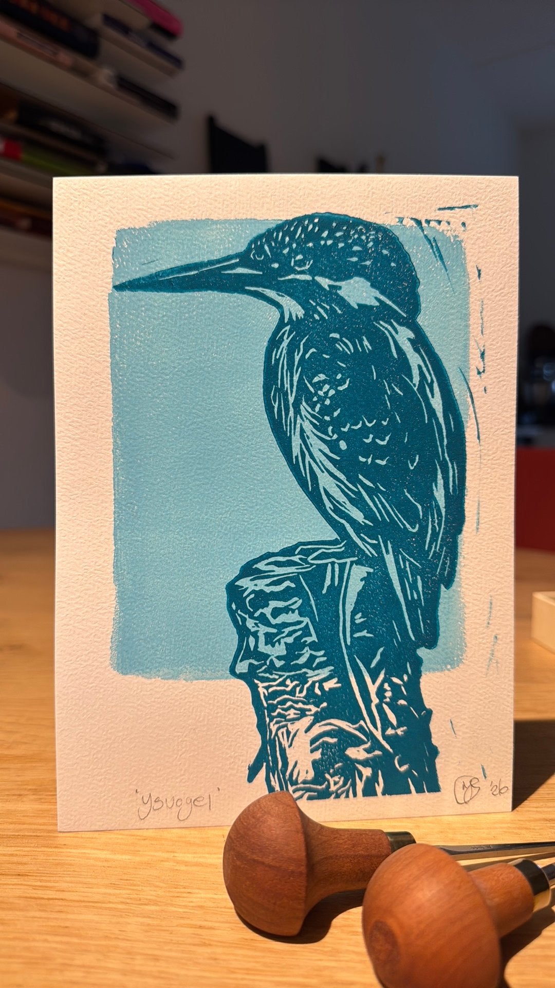 Lino snede afdruk van een ijsvogel 💙🩵, Antiek en Kunst, Ophalen of Verzenden